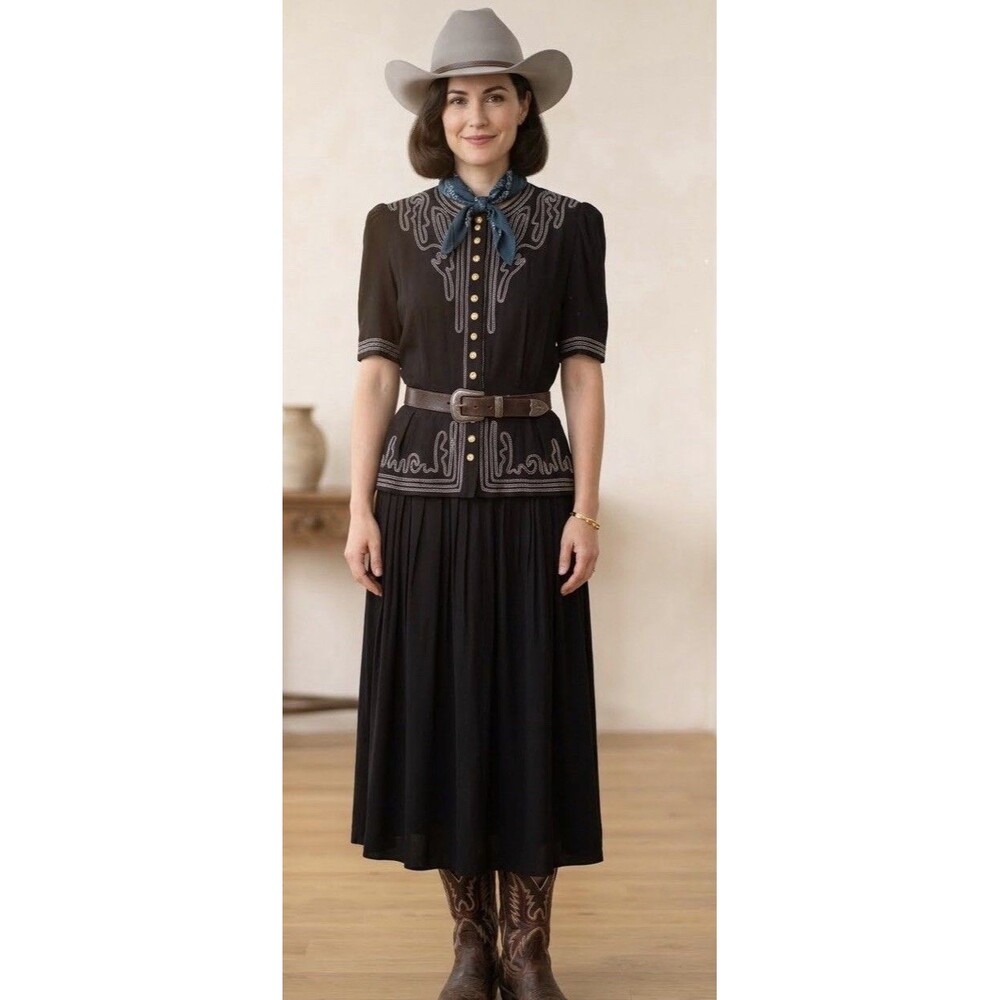 Vintage Sarah Elizabeth Pyrite Black Embroidered Maxi Dress Sz 14P Rayon Western